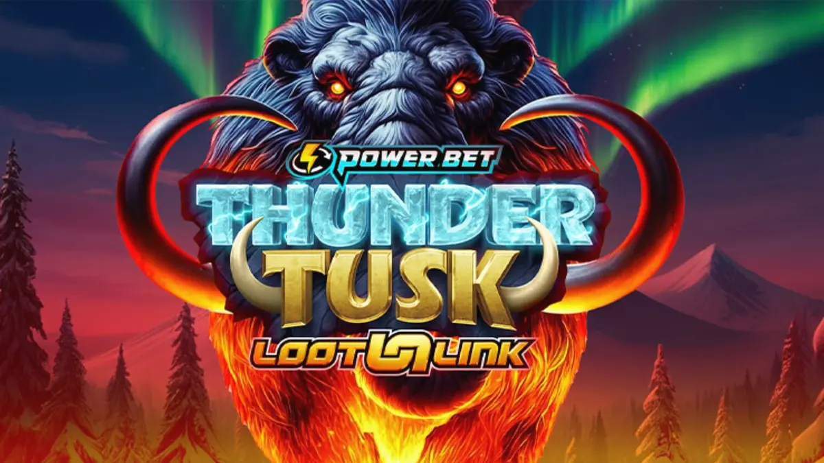 Cenário gelado e pré-histórico do slot Thunder Tusk com elementos de tempestade