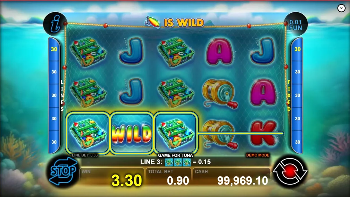 Interface do jogo de slot Game For Tuna com tema de pesca em alto mar