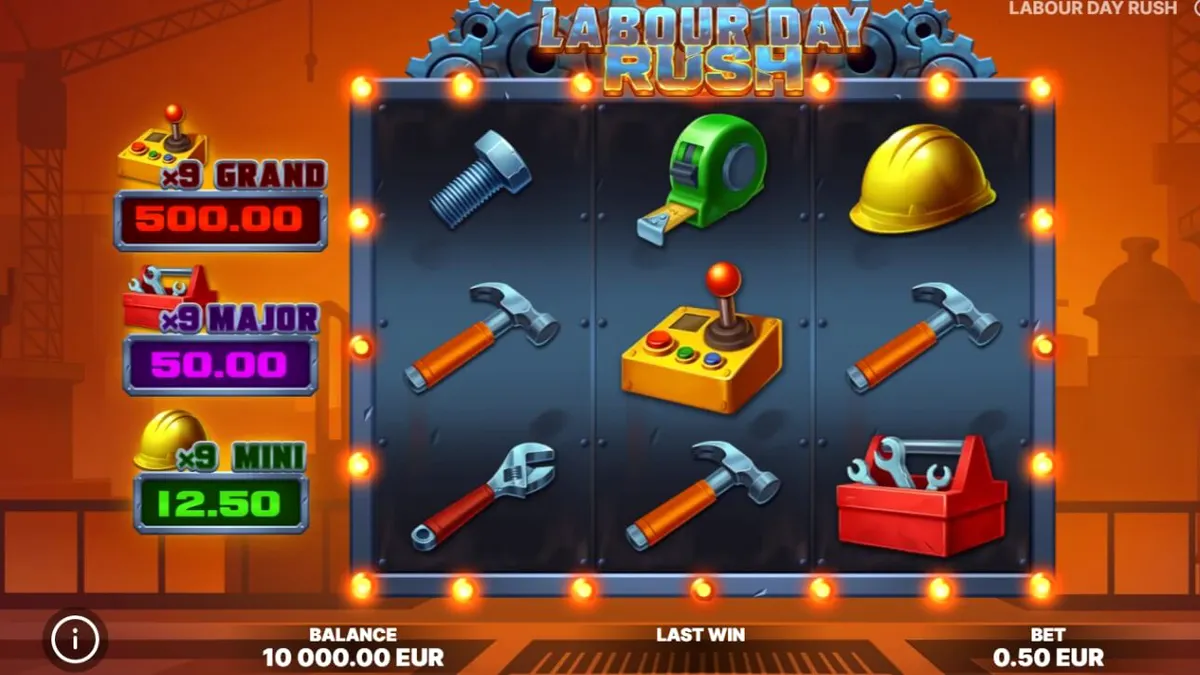Interface do slot Labour Day Rush com temática industrial